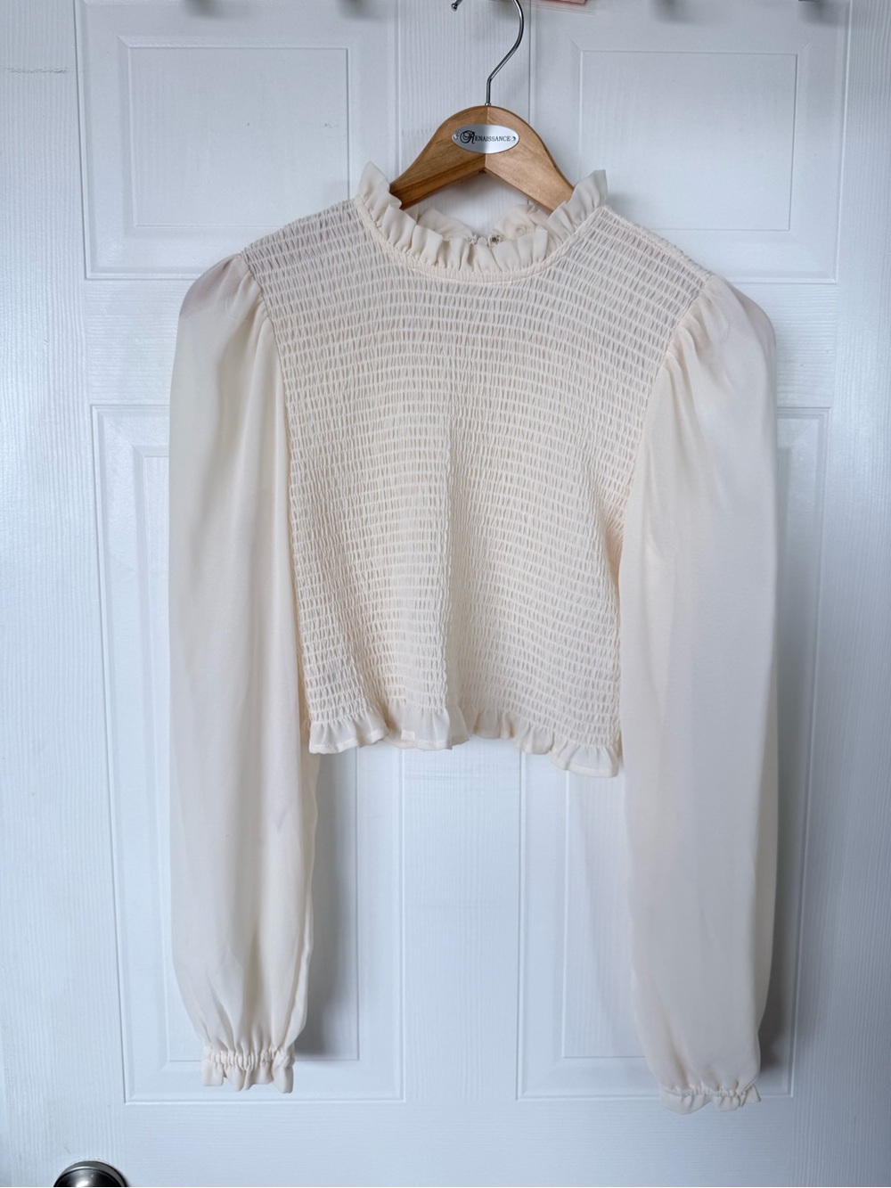 Forever 21 Cream Smocked Ruffle High-Neck Blouse